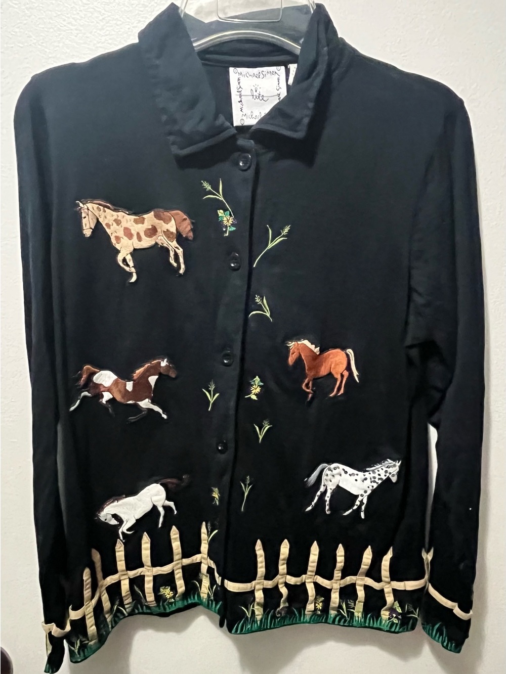 Michael Simon Black Embroidered Horse Button-Front Blazer